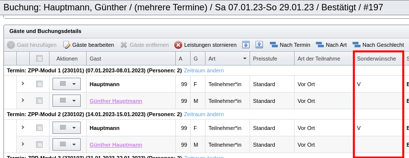 Buchung mit Anzeige der Sonderwünsche der Gäste