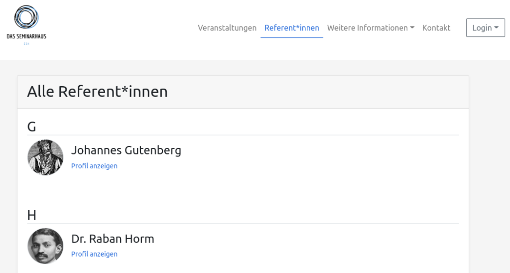 Referent*innenliste auf der Buchungsseite