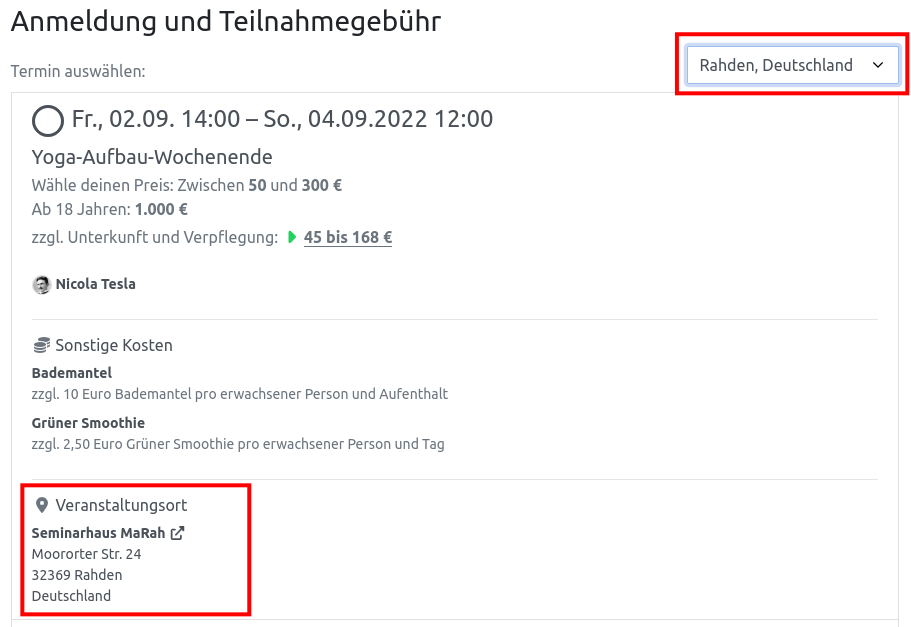 Anzeige des Veranstaltungsort und Filter bei der Terminauswahl auf der Buchungsseite
