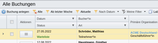 Buchungsübersicht mit Spalte „Primäre Organisation“