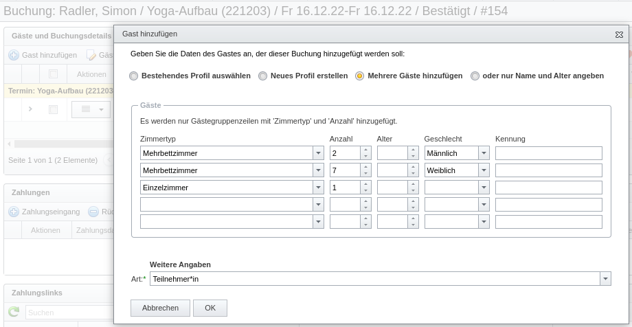 Hinzufügen mehrerer Gäste zu einer Buchung