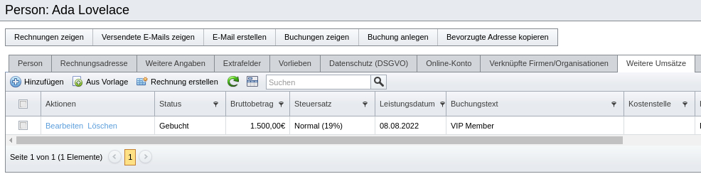 Personenprofil, Reiter „Weitere Umsätze“