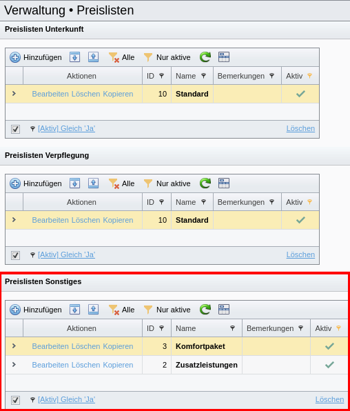 Verwaltung der Preislisten für Sonstiges