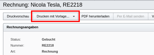 Rechnungsansicht mit Funktion „Drucken mit Vorlage“