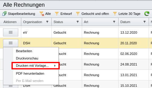 Rechnungsübersicht mit Aktion „Drucken mit Vorlage“