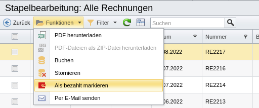 Rechnungsübersicht mit Stapelbearbeitungs-Funktion „Als bezahlt markieren“