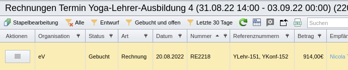 Übersicht „Rechnungen Termin“ mit Buchungs-Referenznummern