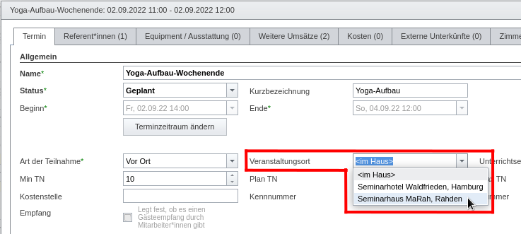 Veranstaltungstermin mit Zuweisung des Veranstaltungsorts