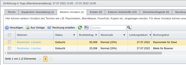 Veranstaltungstermin, Reiter „Weitere Umsätze“