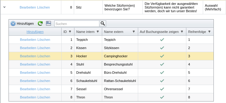 Optionen für ein Buchungsformular-Zusatzfeld vom Typ „Auswahl“