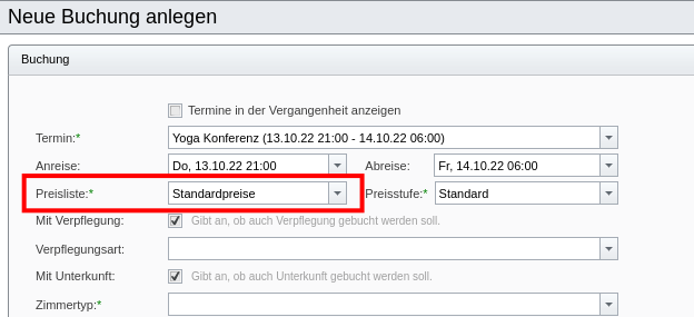 Angabe der Teilnahmegebühren-Preisliste beim manuellen Anlegen einer Buchung