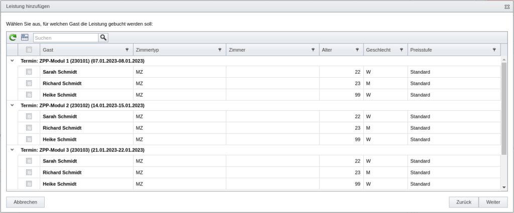 Auswahl der Gäste einer Buchung für Aktion „Leistung hinzufügen“