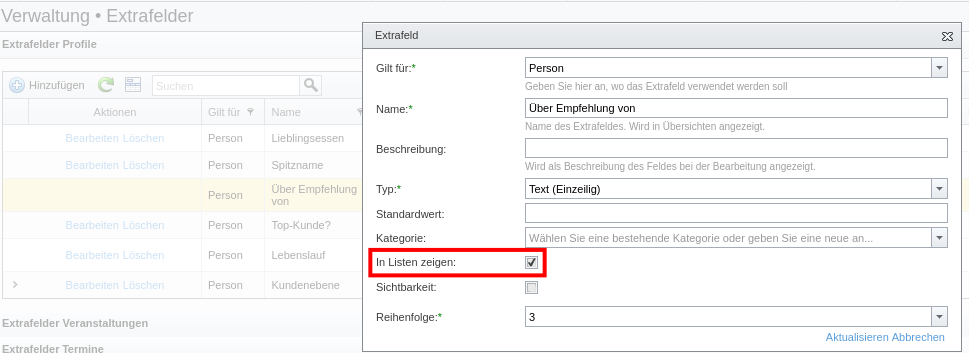 Extrafeld-Option „In Listen zeigen“