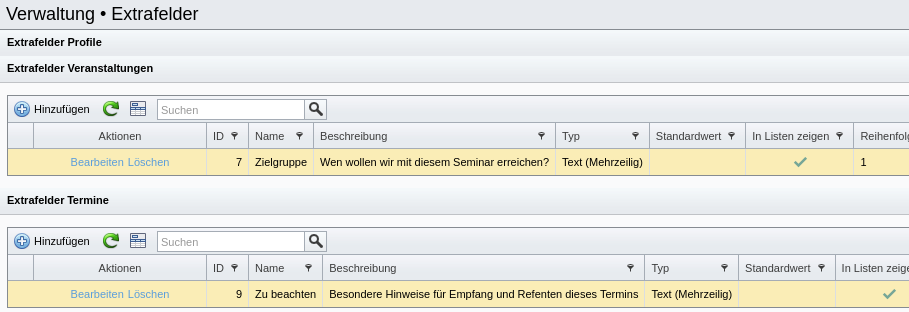 Extrafelder für Veranstaltungen und Veranstaltungstermine