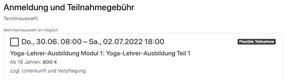 Anzeige "Flexible Teilnahme" auf der Buchungsseite