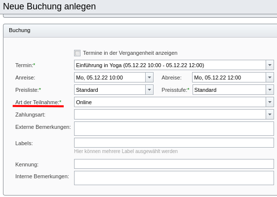 Auswahl der Teilnahmeart an einer Hybrid-Veranstaltung beim manuellen Anlegen einer Buchung