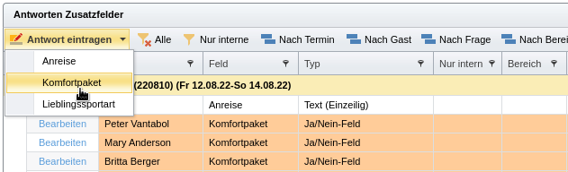 Auswahl des zu setzenden Zusatzfeldes für Funktion „Antwort eintragen“