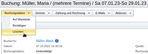 Aktion zum „Löschen“ einer unbestätigten Buchung