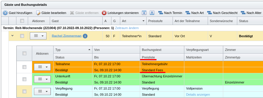 Teilnahmegebühren-Preisliste eines Gastes in den Buchungsdetails