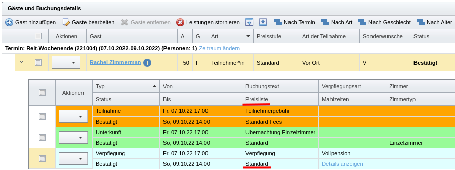 Verpflegung-Preisliste eines Gastes in den Buchungsdetails