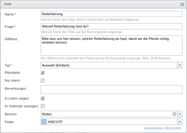 Details eines Zusatzfeldes für das Buchungsformular