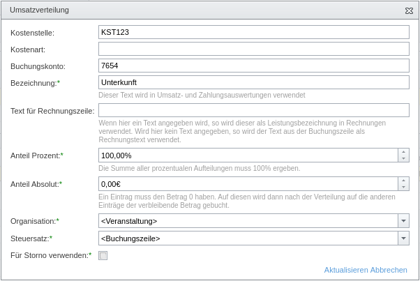 Eintrag für die Umsatzverteilung