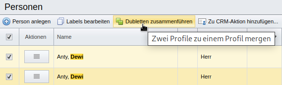 Funktion „Dubletten zusammenführen“ in der Liste der Personen