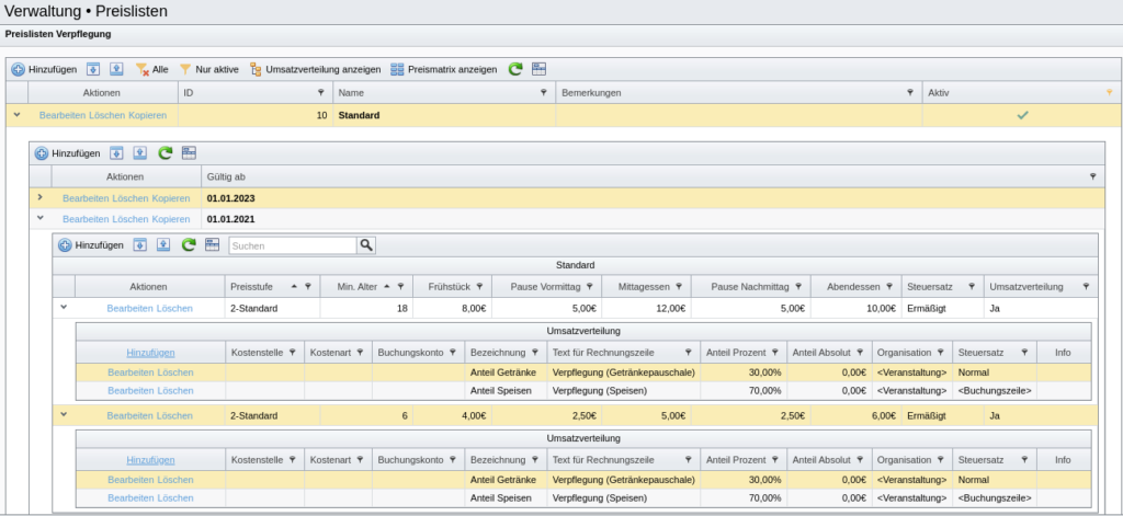 Preisliste für Verpflegung mit anteiliger Umsatzverteilung mit unterschiedlichem Steuersatz