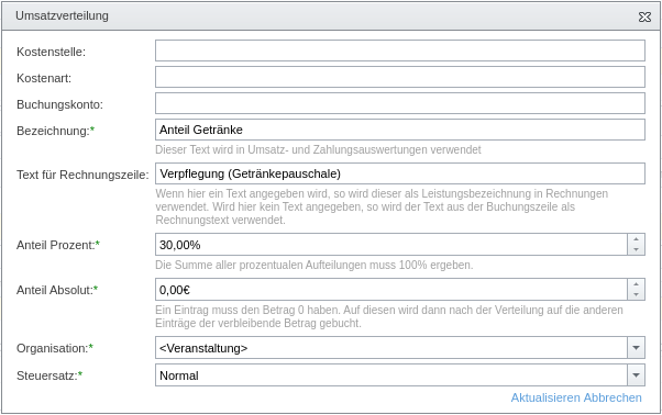 Umsatzverteilung für ein Preisdetail mit angegebenem „Text für Rechnungszeile“