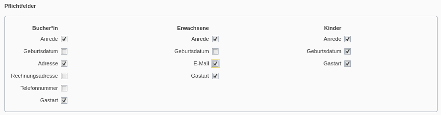 SeminarDesk Einstellungen Buchungsseite: Webeinstellungen der Pflichtfelder des Buchungsformulars