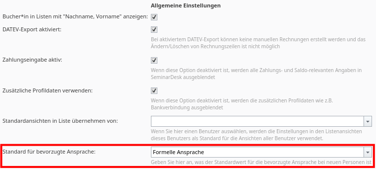 Allgemeine Einstellung „Standard für bevorzugte Ansprache“