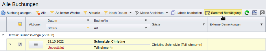 Funktion „Sammel-Bestätigung“ in der Übersicht aller Buchungen