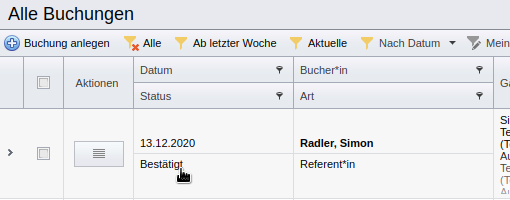 Eintrag in der Liste aller Buchungen mit Verlinkung zu den Buchungsdetails