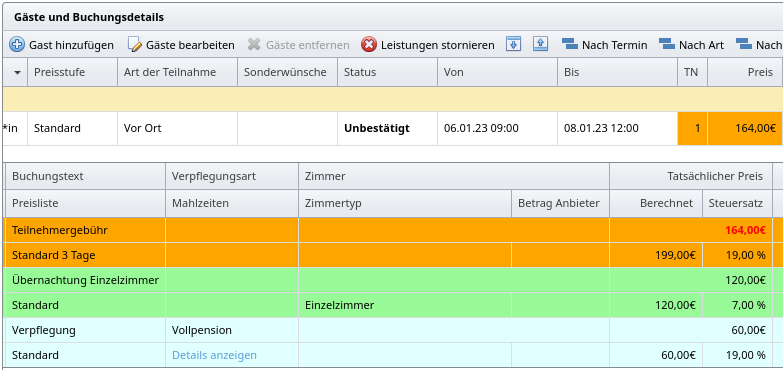 Buchungsdetails mit rabattiertem Preis