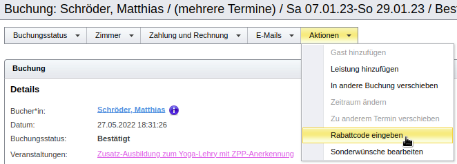 Buchungs-Aktion „Rabattcode eingeben“