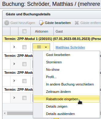 Buchungsgast-Aktion „Rabattcode eingeben“