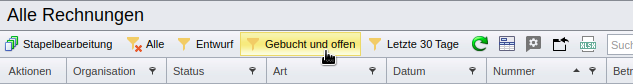 Filter für offene Rechnungen in der Übersicht aller Rechnungen