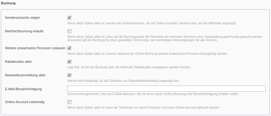 Webeinstellungen für die Buchung von Veranstaltungen mit Option „Rabattcodes aktiv“