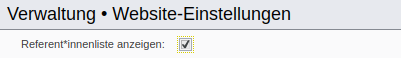 Option „Referent*innenliste anzeigen“ in den Website-Einstellungen