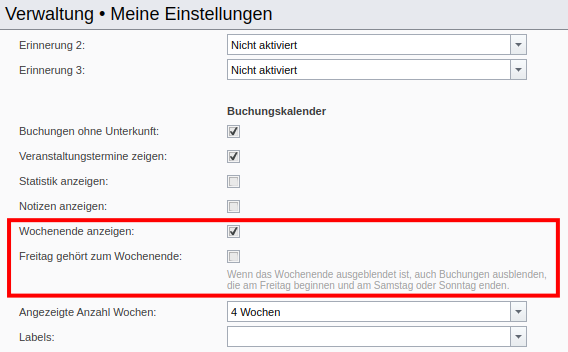 Benutzer-Einstellungen mit Wochenend-Anzeige-Optionen für den Buchungskalender