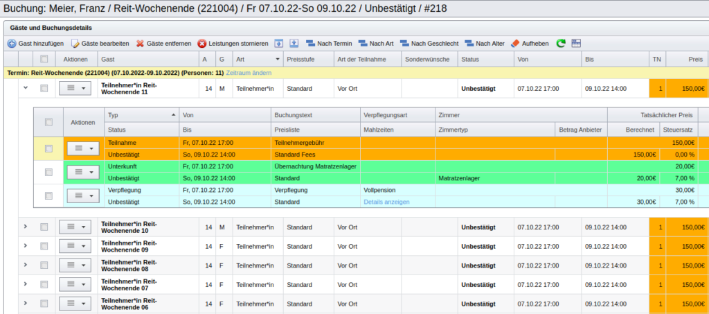 Gäste und Buchungsdetails einer SeminarDesk Gruppenbuchung