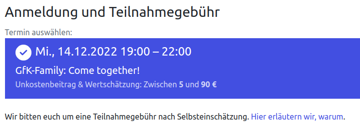 Buchungsseite: Terminauswahl mit Teilnahmegebühr zur Selbsteinschätzung und Hinweistext