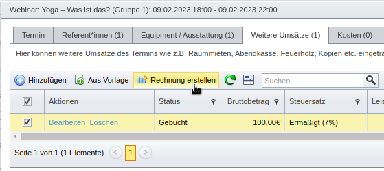 SeminarDesk Rechnung erstellen für einen Terminumsatz