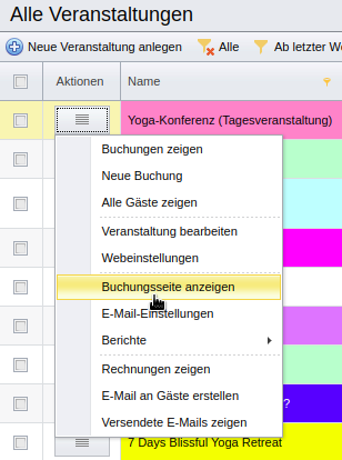 Aktion „Buchungsseite anzeigen“ eines Eintrags in der Liste der Veranstaltungen