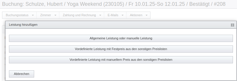 Buchungs-Aktion „Leistung hinzufügen“
