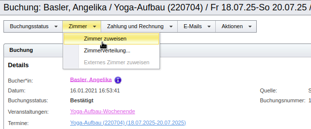 Funktion „Zimmer zuweisen“ einer Buchung