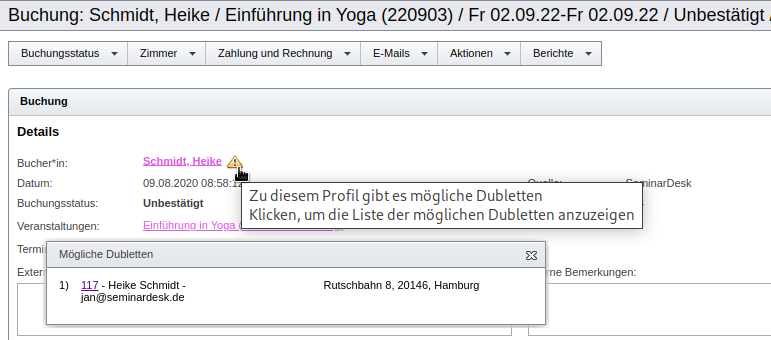 Hinweis auf potenzielle Dublette des Bucherin-Profils in Buchungsdetails