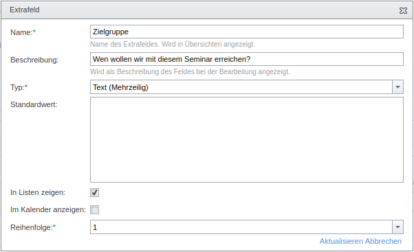 Definition eines Extrafelds für Veranstaltungen oder Veranstaltungstermine