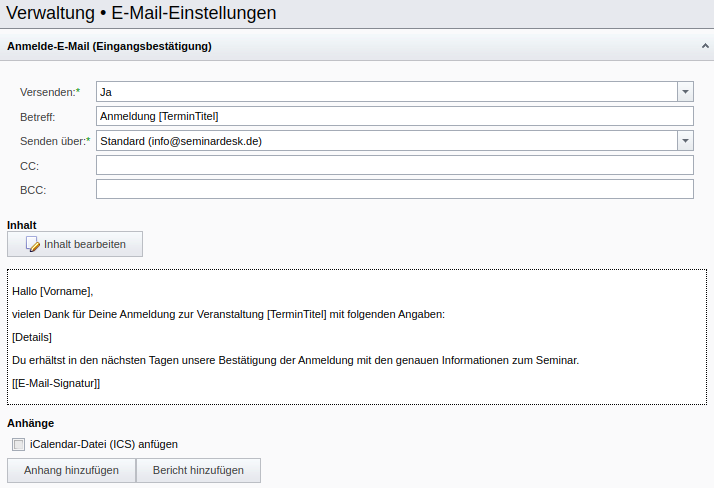 SeminarDesk E-Mail-Einstellungen: E-Mail-Vorlage für die Eingangsbestätigung