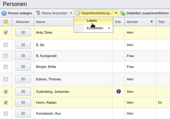 Selektion von Profilen für Funktion „Labels bearbeiten“